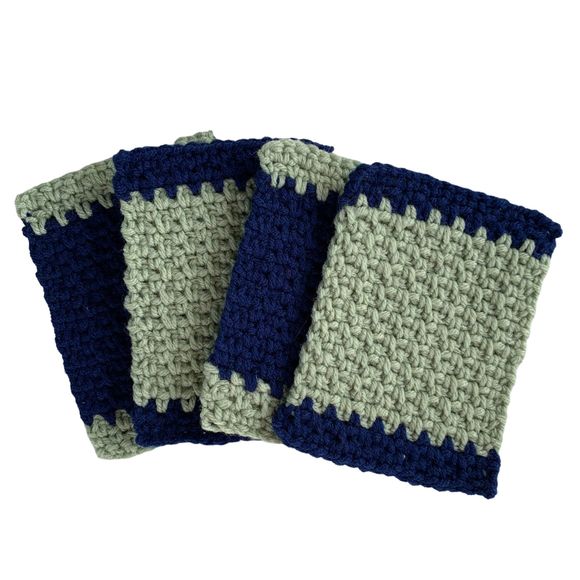 Mug Rugs Coasters Handmade Crochet Navy Blue Green Vinyl Back Set of 4 - Picture 11 of 11